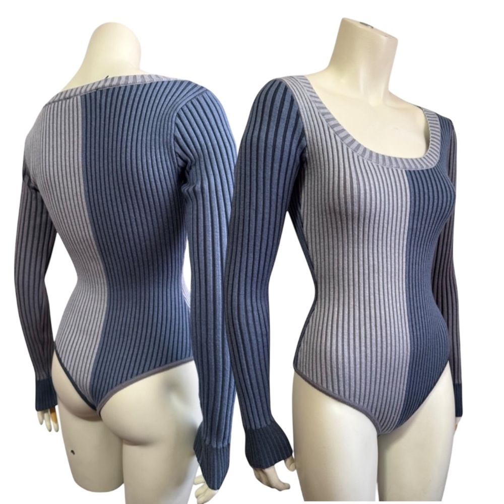 Lulus Ribbed Colorblock Long Sleeve Bodysuit Scoop Neck Blue Gray Slimming XS